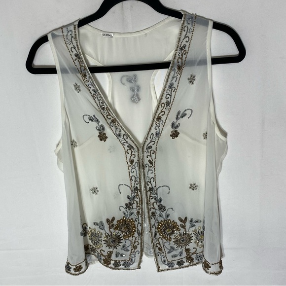 Vintage White Sheer Vest With Intricate Metallic Beading S - Picture 16 of 16